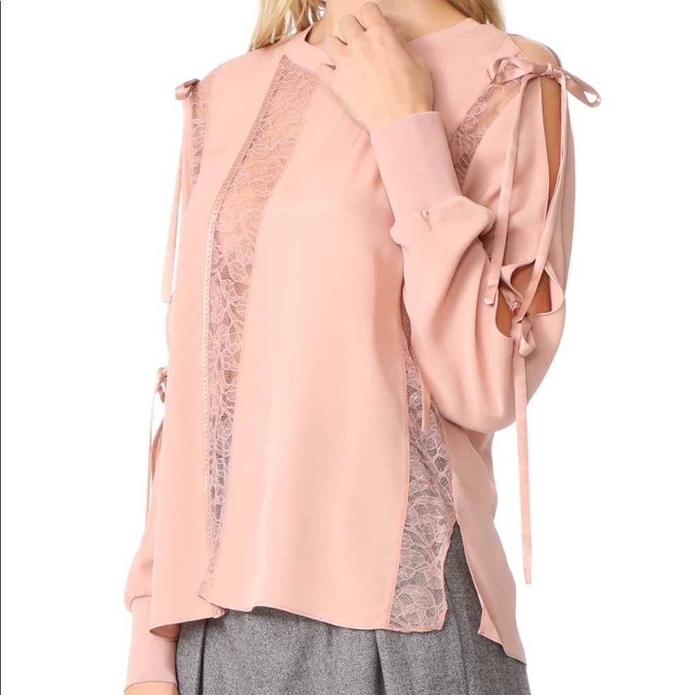 3.1 Phillip Lim Silk Sheer Lace Panels Top Size 4 Pink Tie Sleeve Blouse Luxury